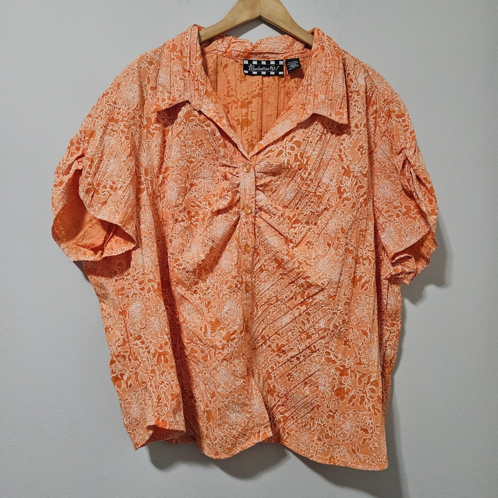 Manhattan Girl Orange Floral Button Up Blouse Short‎ Sleeve Plus Size 24 Pleated